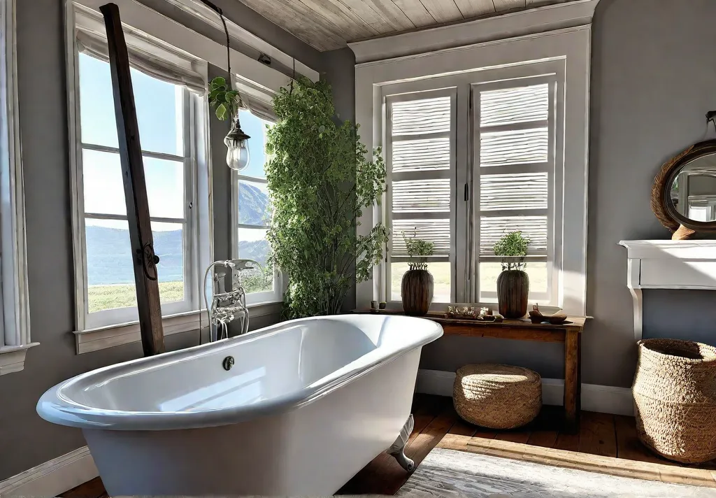 A sundrenched farmhouse style bathroom featuring a freestanding clawfoot tub beneath afeat