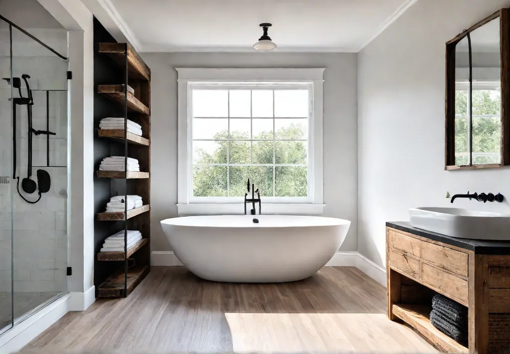 A sundrenched modern farmhouse bathroom with a freestanding bathtub nestled under afeat