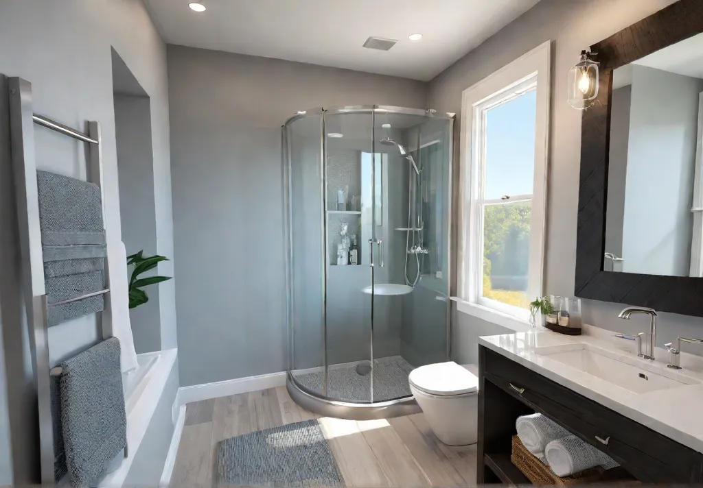 A sundrenched tiny home bathroom with a corner shower featuring a clearfeat