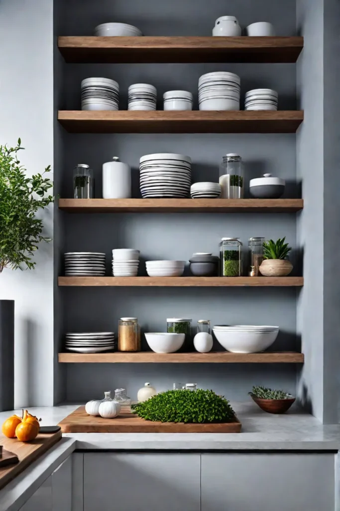 Adding warmth and texture with stone open shelving in a kitchen