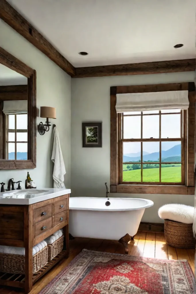 Clawfoot tub reclaimed wood beams nature view