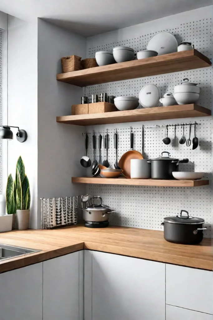 Contemporary kitchen with open shelving and a pegboard for storage