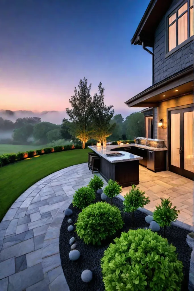 Elegant outdoor kitchen with landscaping