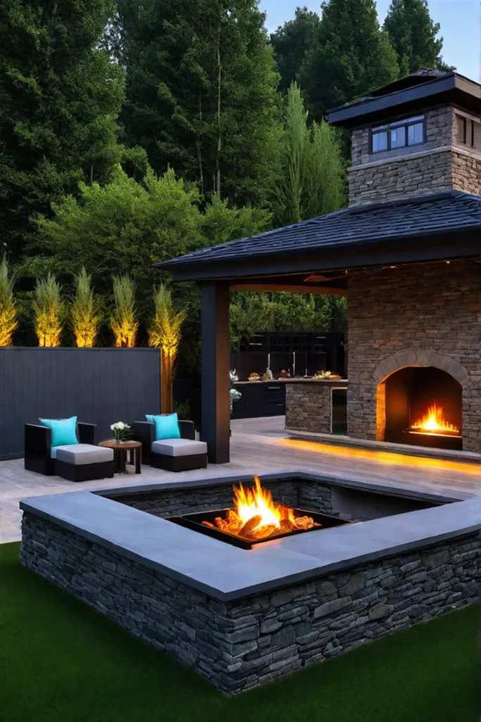 Outdoor kitchen and dining area with a fire pit for evening gatherings