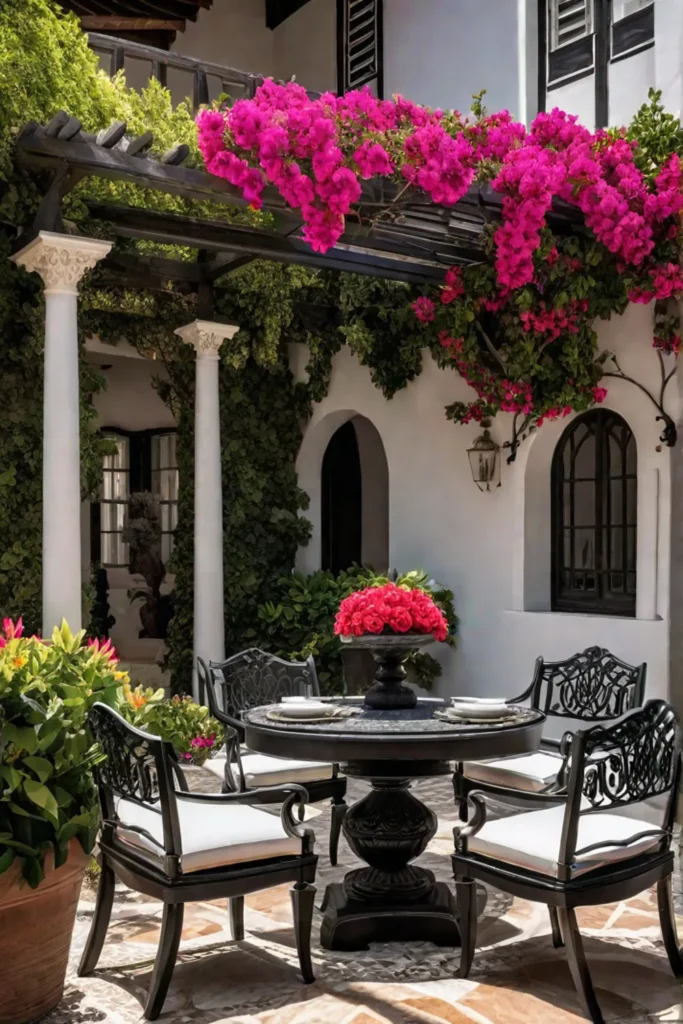 Outdoor oasis with bougainvillea wrought iron furniture and pergola