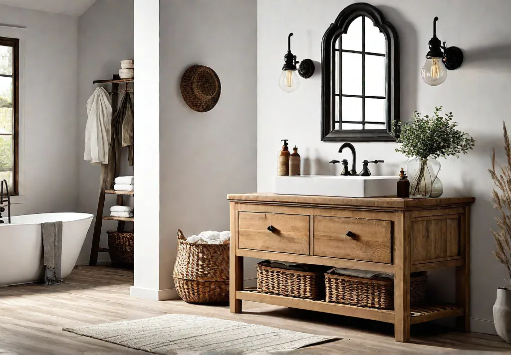 A charming bathroom vanity with a rustic farmhouse aesthetic featuring a whitefeat