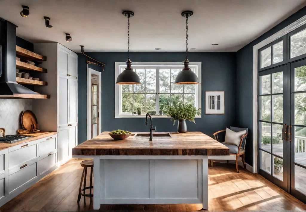 A charming rustic kitchen bathed in warm sunlight featuring a DIY kitchenfeat