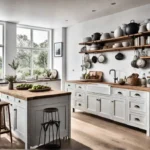 A compact kitchen bathed in natural light featuring a charming rustic islandfeat