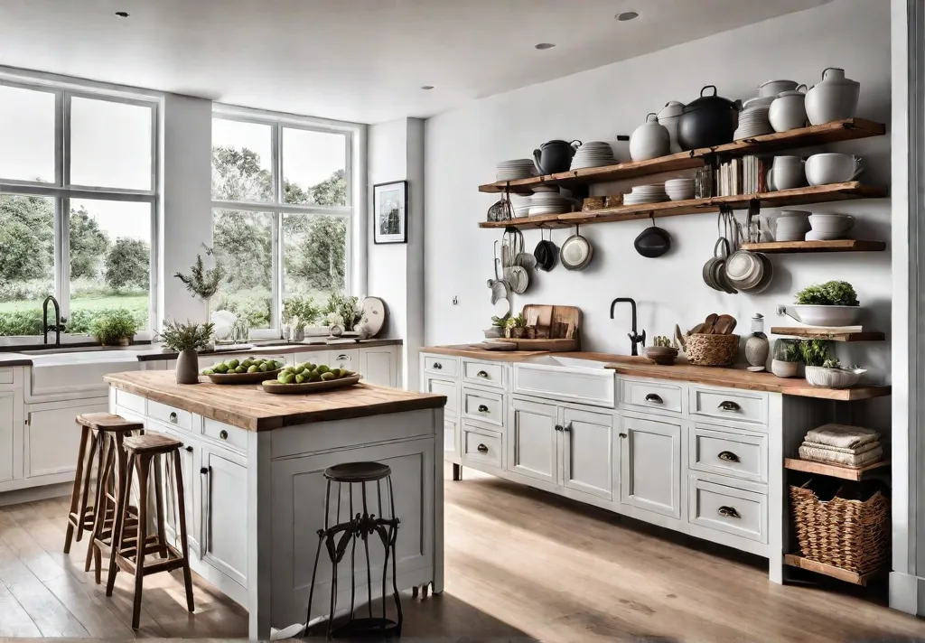 A compact kitchen bathed in natural light featuring a charming rustic islandfeat