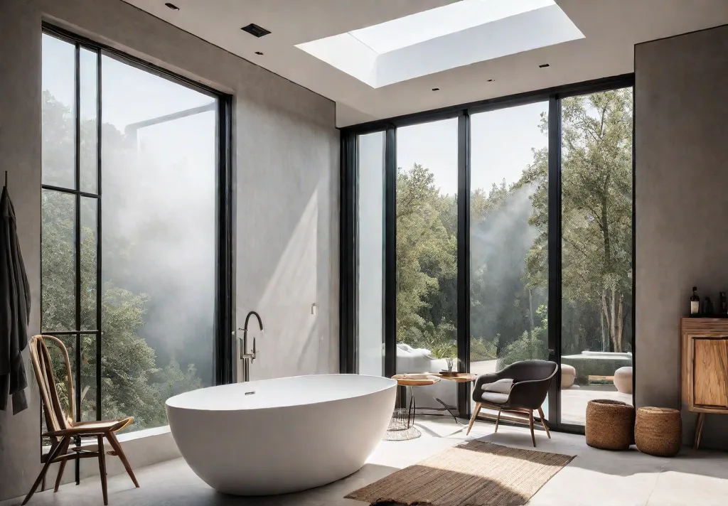 A minimalist bathroom flooded with natural light from a large window featuringfeat