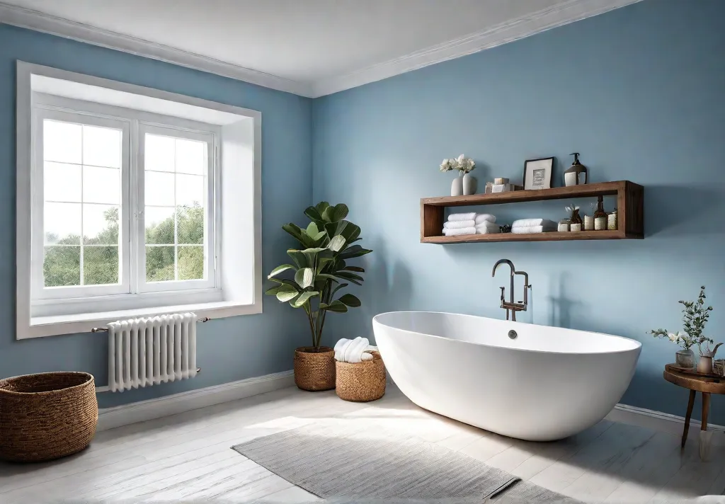 A minimalist bathroom with light blue walls a freestanding bathtub open woodenfeat