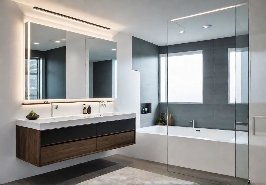 A minimalist brightly lit bathroom with a floating vanity wallmounted faucet andfeat