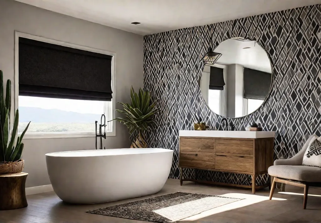 A modern bohemian bathroom with a freestanding bathtub featuring wallpaper with afeat