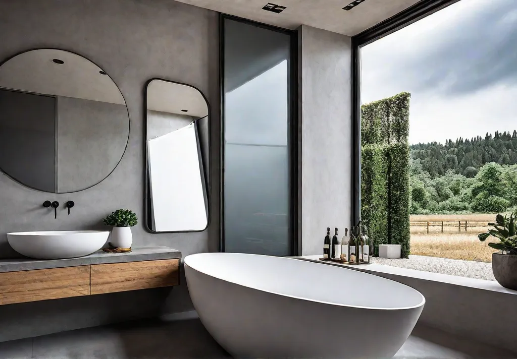 A modern minimalist bathroom featuring a concrete countertop with an integrated sinkfeat