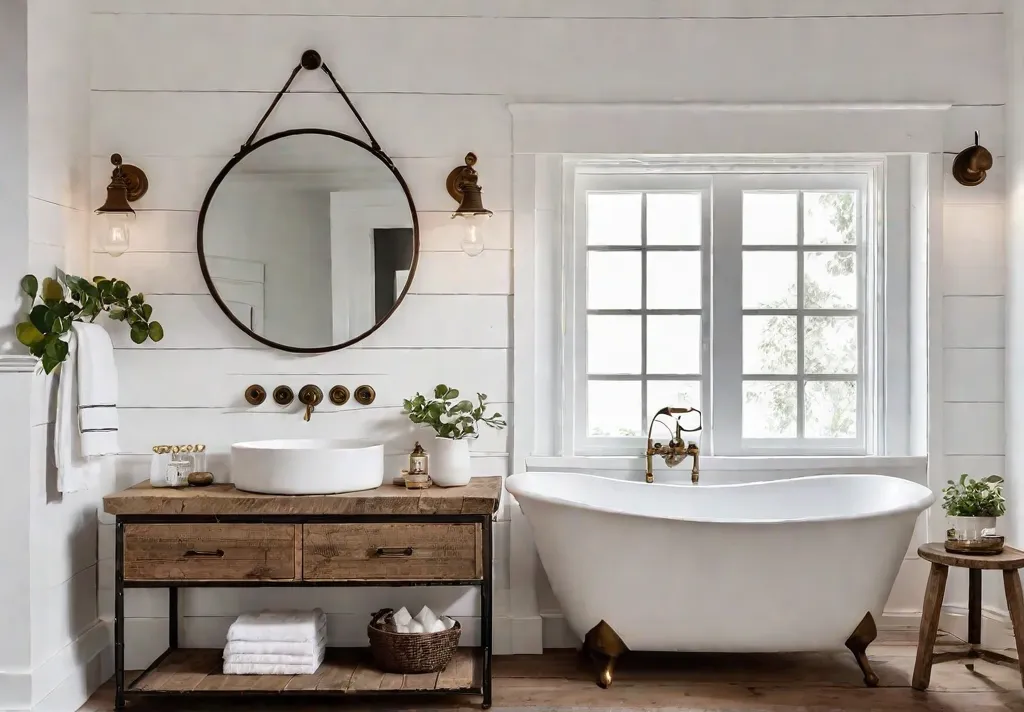 A small bright bathroom with white shiplap walls and rustic wood flooringfeat