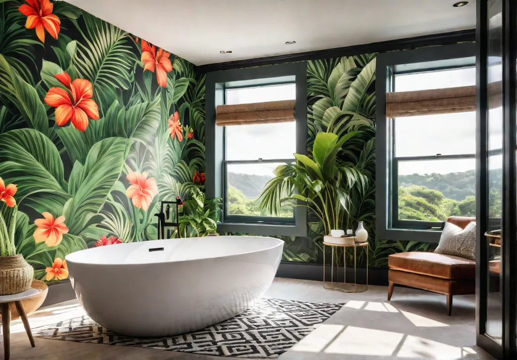 A sundrenched bathroom with a freestanding bathtub featuring vibrant botanical wallpaper withfeat