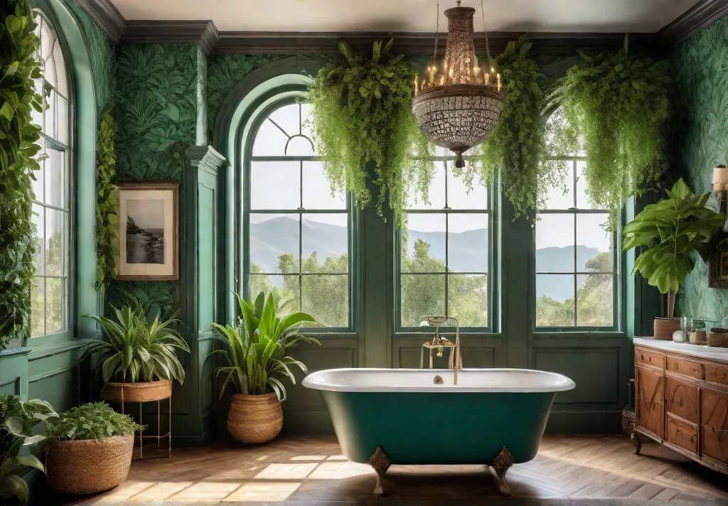 A sundrenched bathroom with a vintage clawfoot bathtub adorned with lush greenfeat