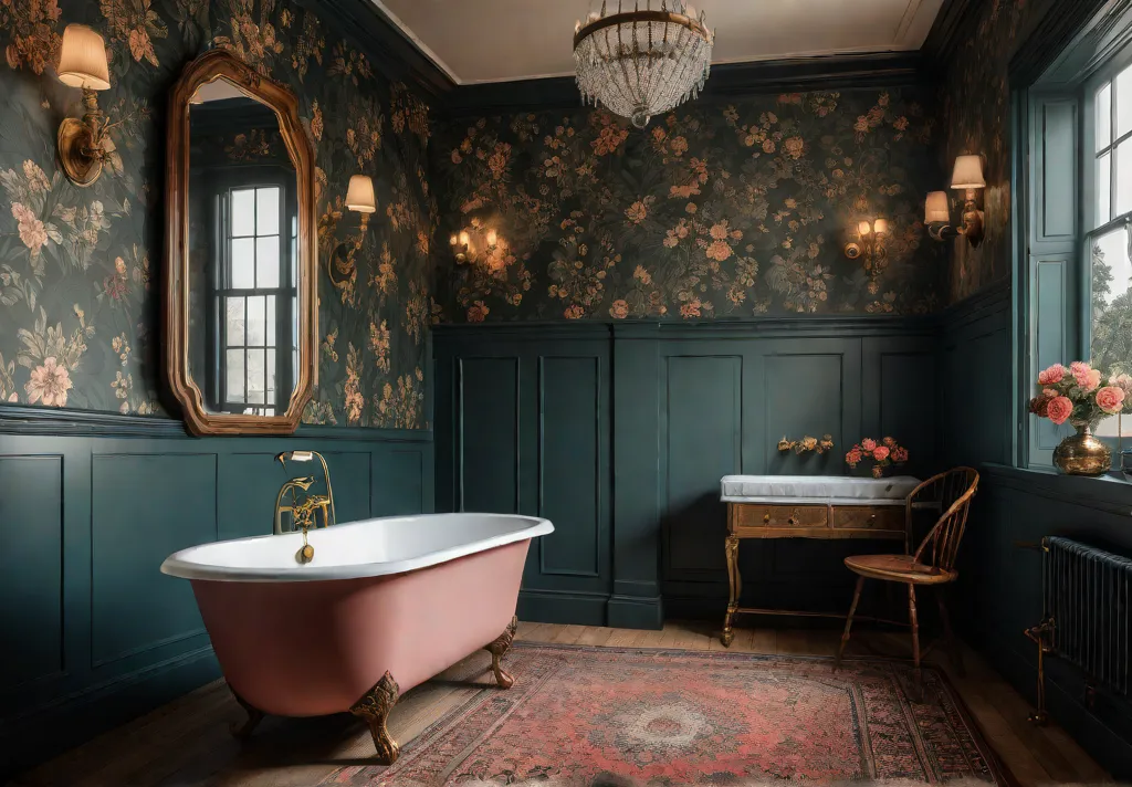 A sundrenched bohemian bathroom with vintage floral wallpaper in muted tones afeat