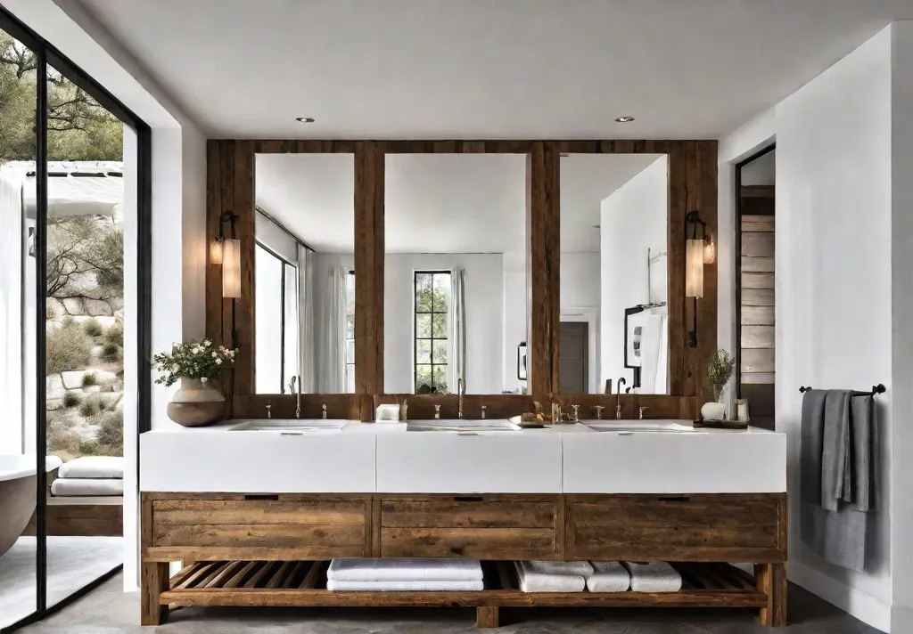 A sundrenched farmhouse bathroom with a vanity crafted from reclaimed wood highlightingfeat