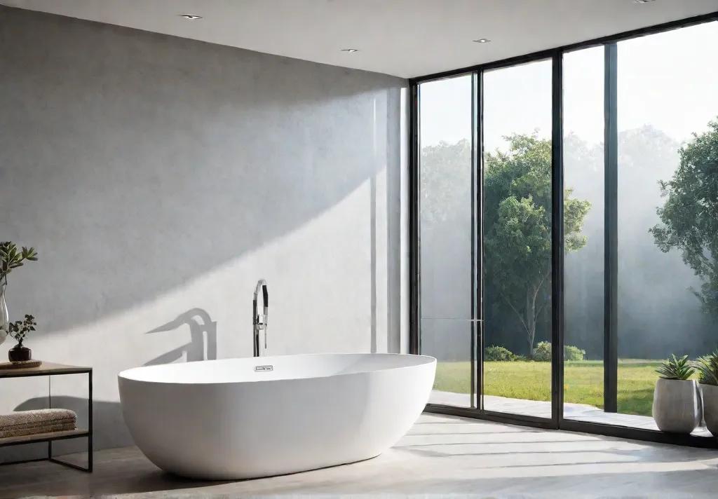 A sundrenched minimalist bathroom with a freestanding bathtub clean lines a neutralfeat