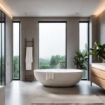 A sundrenched minimalist bathroom with a freestanding bathtub wooden accents and afeat