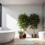 A sundrenched minimalist bathroom with clean lines a freestanding bathtub and afeat