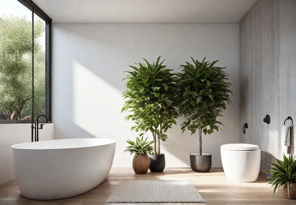 A sundrenched minimalist bathroom with clean lines a freestanding bathtub and afeat