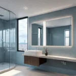 A sundrenched minimalist tiny bathroom with a floating vanity wallmounted toilet andfeat