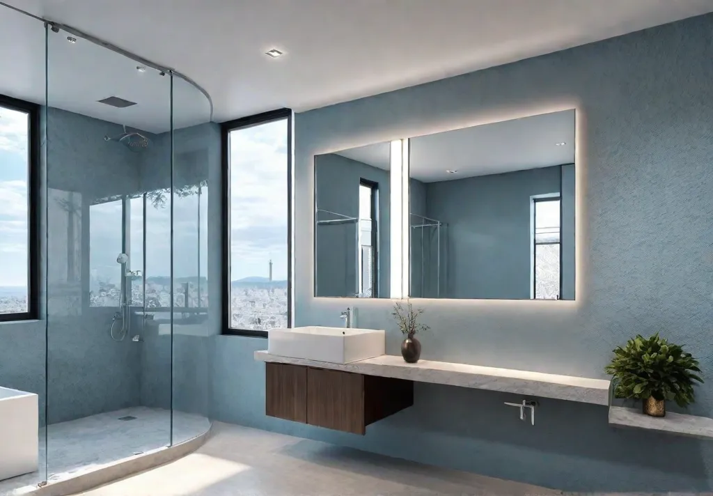 A sundrenched minimalist tiny bathroom with a floating vanity wallmounted toilet andfeat