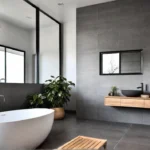 A sundrenched modern minimalist bathroom with a freestanding bathtub largeformat grey tilesfeat