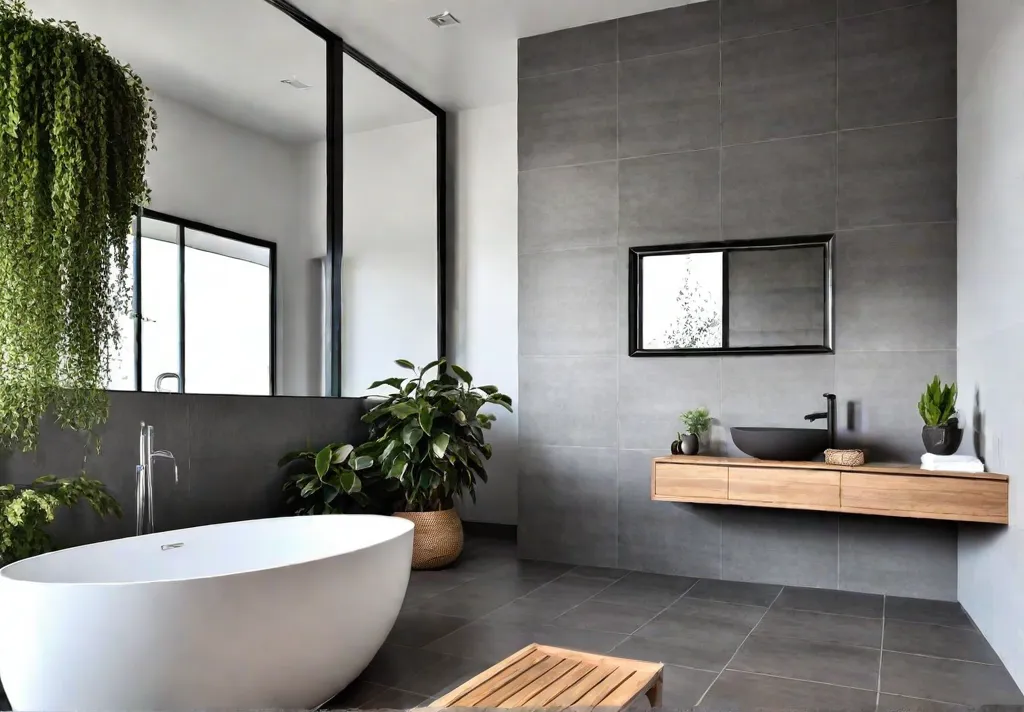 A sundrenched modern minimalist bathroom with a freestanding bathtub largeformat grey tilesfeat