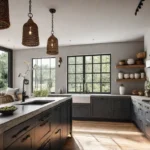 A sundrenched rustic kitchen with a concrete island featuring open shelving withfeat