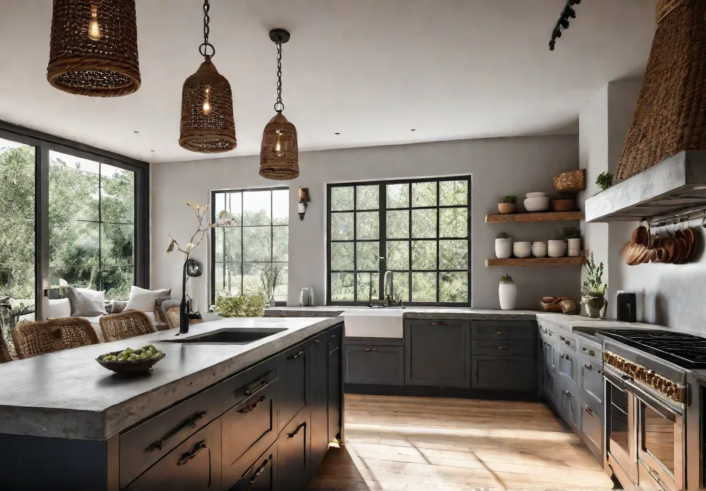 A sundrenched rustic kitchen with a concrete island featuring open shelving withfeat