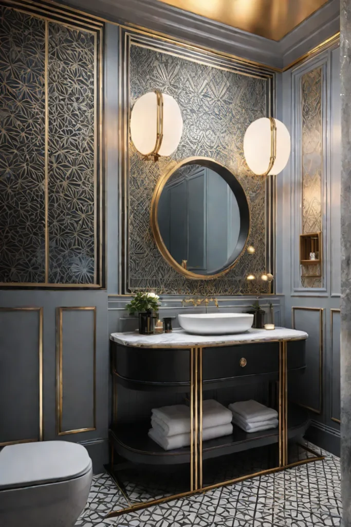 Art Deco wallpaper luxurious bathroom metallic accents