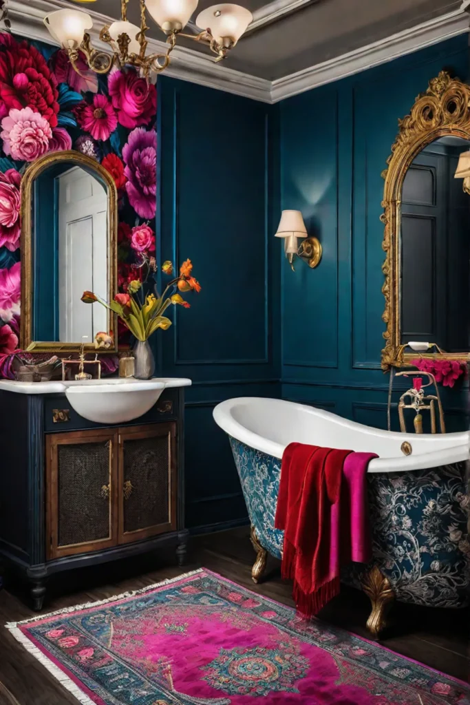 Bold floral wallpaper bohemian bathroom eclectic decor