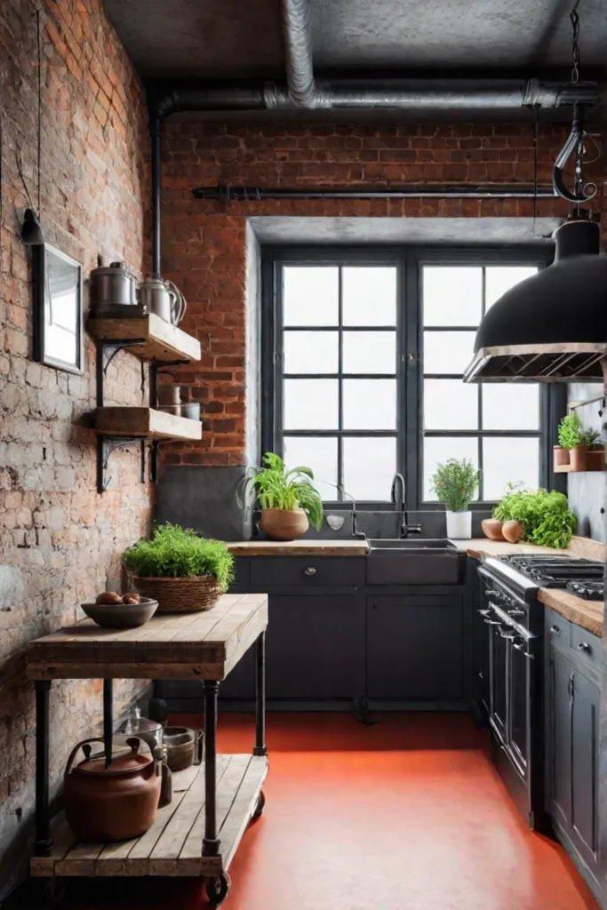 Compact kitchen island solution with a black iron pipe base