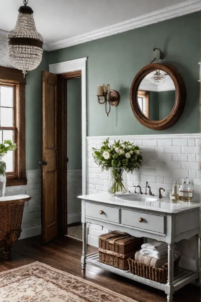 Cozy farmhouse bathroom with antique furniture