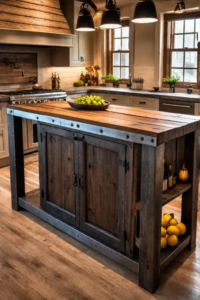 DIY kitchen island made from reclaimed barn wood with metal accents