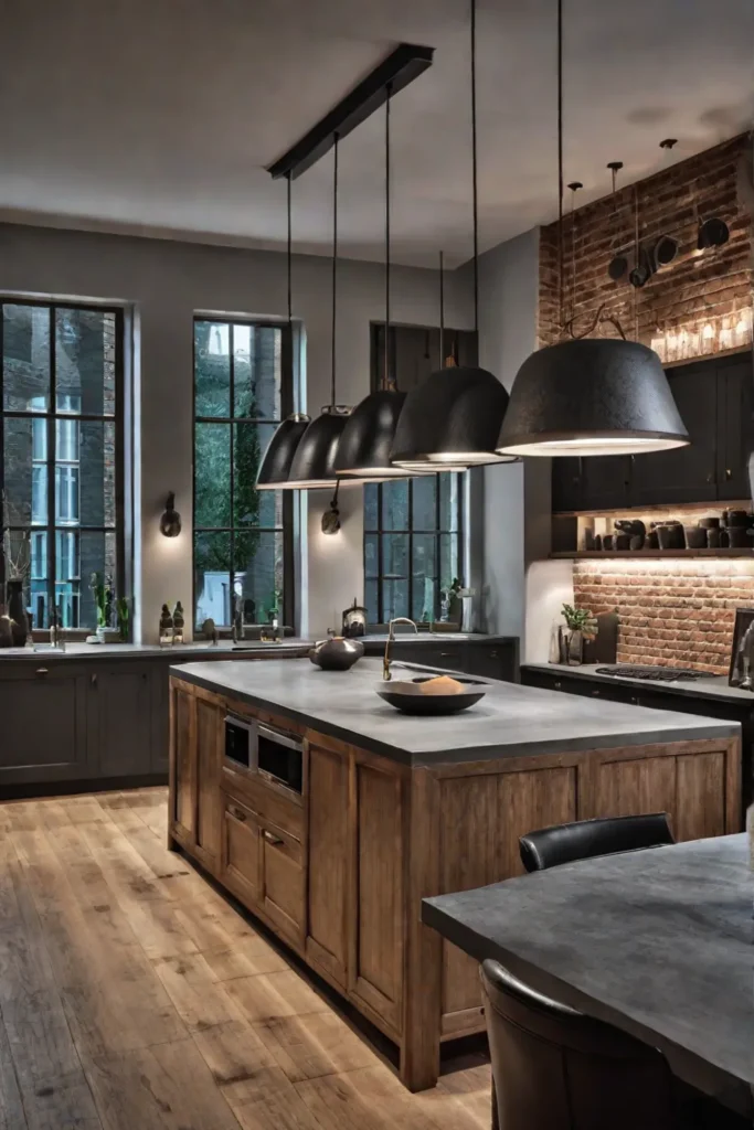 Exposed brick wall spacious kitchen