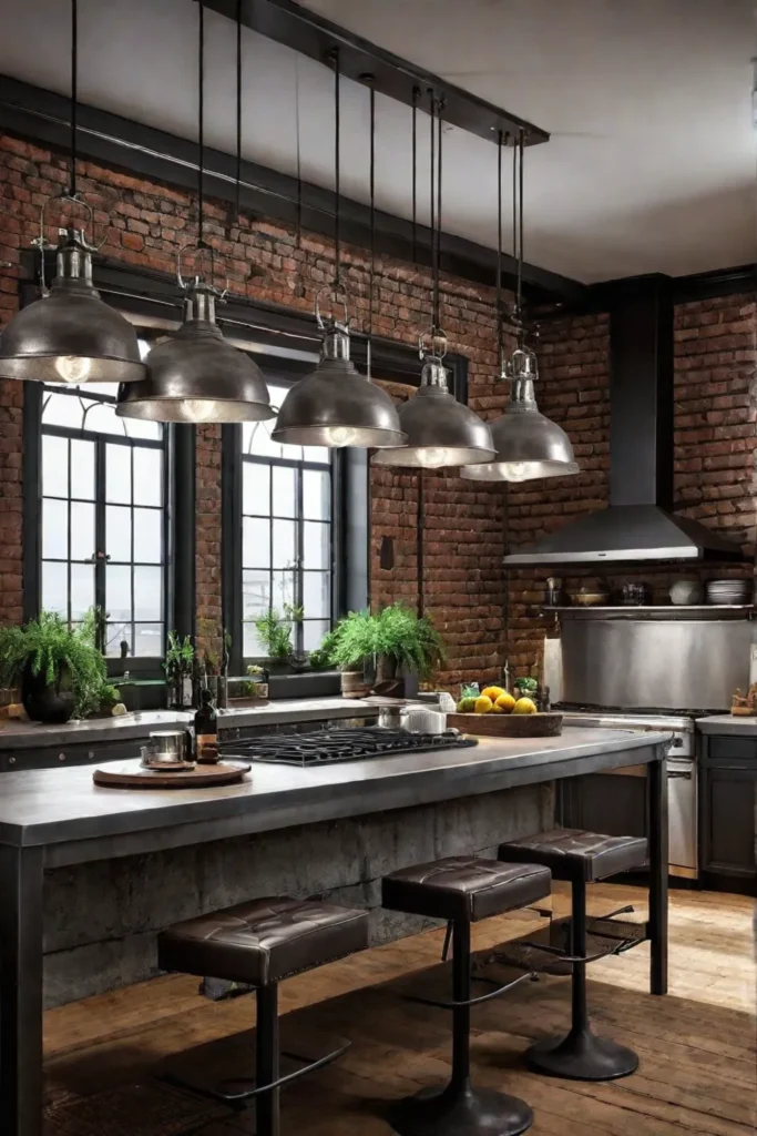 Industrial rustic kitchen with stainless steel island