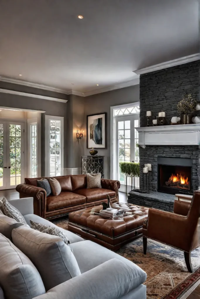 Inviting living room with fireplace and storage ottoman