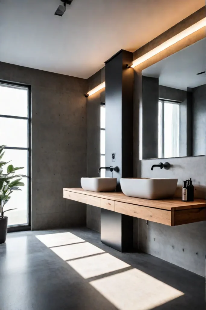 Modern bathroom with natural light and reflections