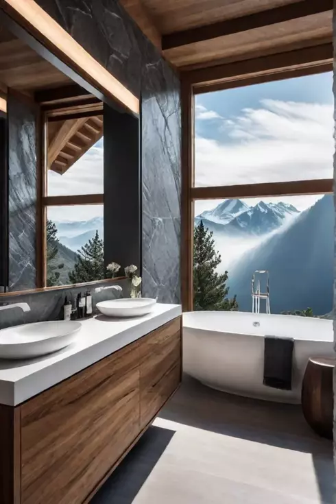 A bathroom with a mountain view and natural elements