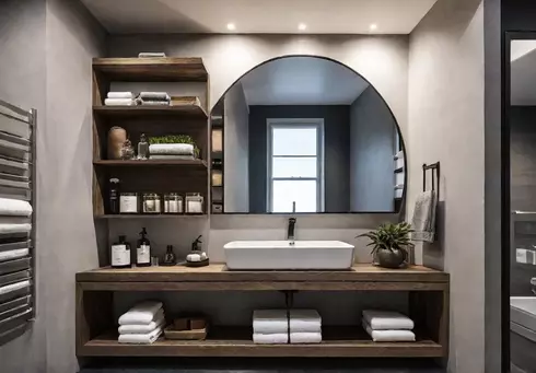 A bathroom with a wallmounted shelf above the toilet filled with neatlyfeat