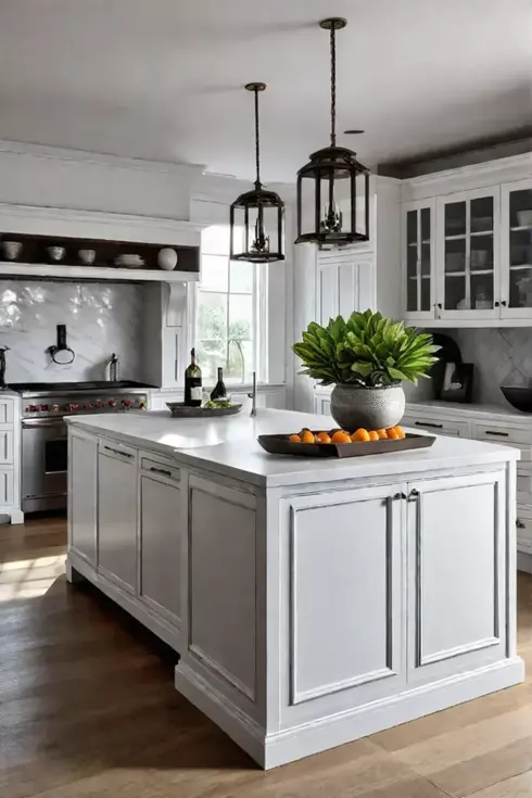 A bright airy kitchen with a central island that combines open shelving