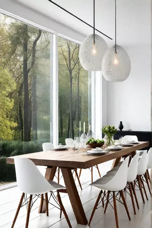 A bright and airy Scandinavian dining room with a long wooden table