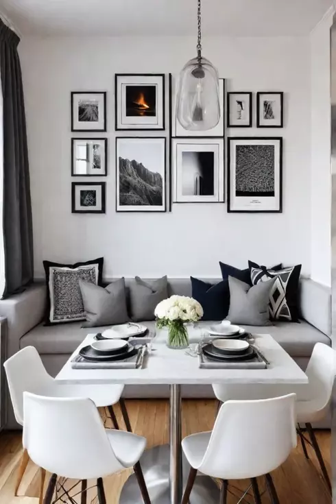 A cozy Scandinavian dining nook with a builtin bench neutraltoned textiles and