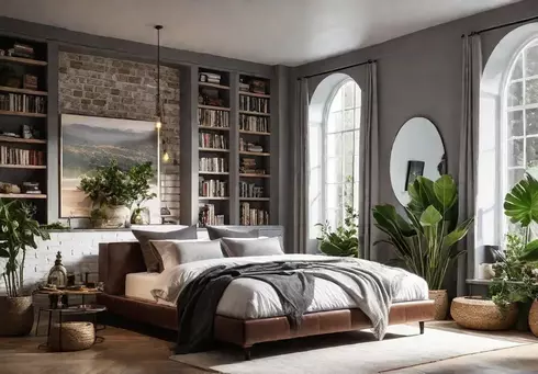 A cozy bedroom with a wallmounted bookshelf above the bed displaying booksfeat