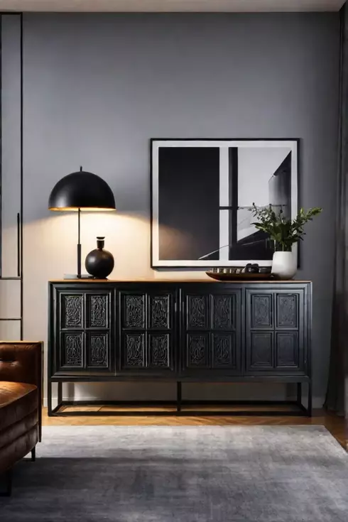 A dining room featuring a modern multifunctional credenza that serves as both