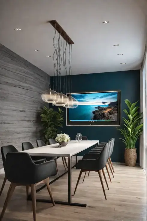 A dining room that seamlessly integrates technology including a smart display for
